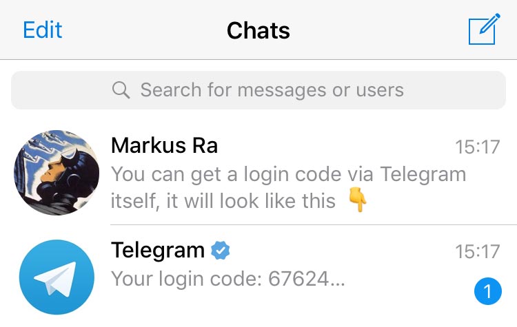 Accesso a Telegram con codice di verifica